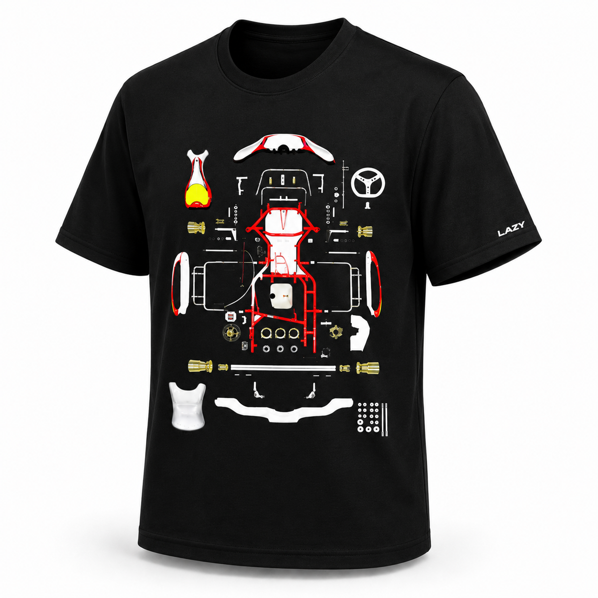 Camiseta Lazy Kart Premium 100% algodão, estampa Kart Desmontado, na cor preta