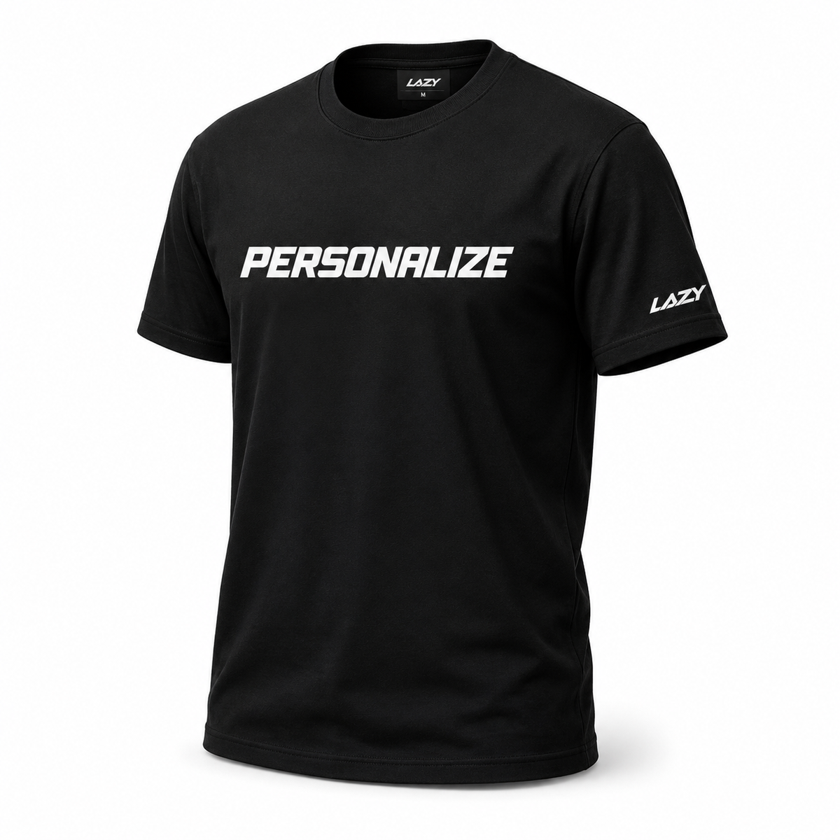 Camiseta Lazy Kart 100% algodão na cor preta, com o texto branco "Personalize" no peito para arte customizada