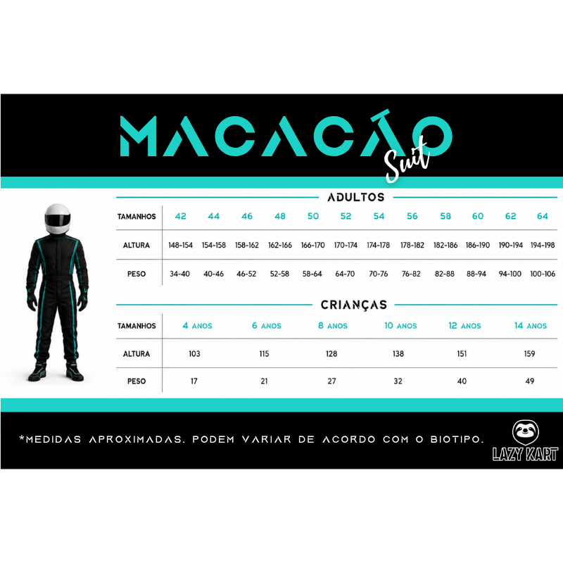 Tabela de medidas dos macacões Lazy Kart