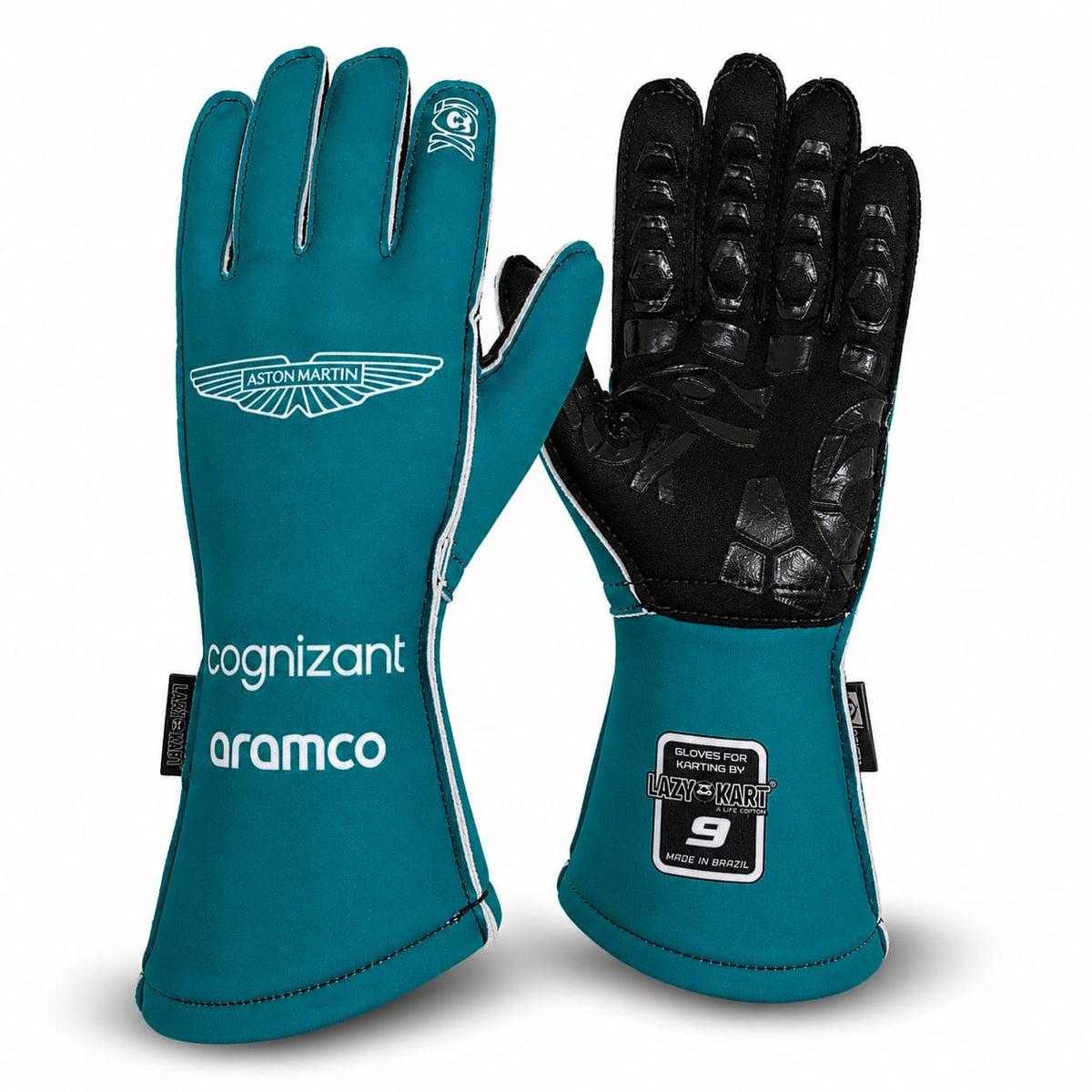 Par de luvas de kart Lazy Kart Aston Martin, costas com estampa e palma preta antiderrapante