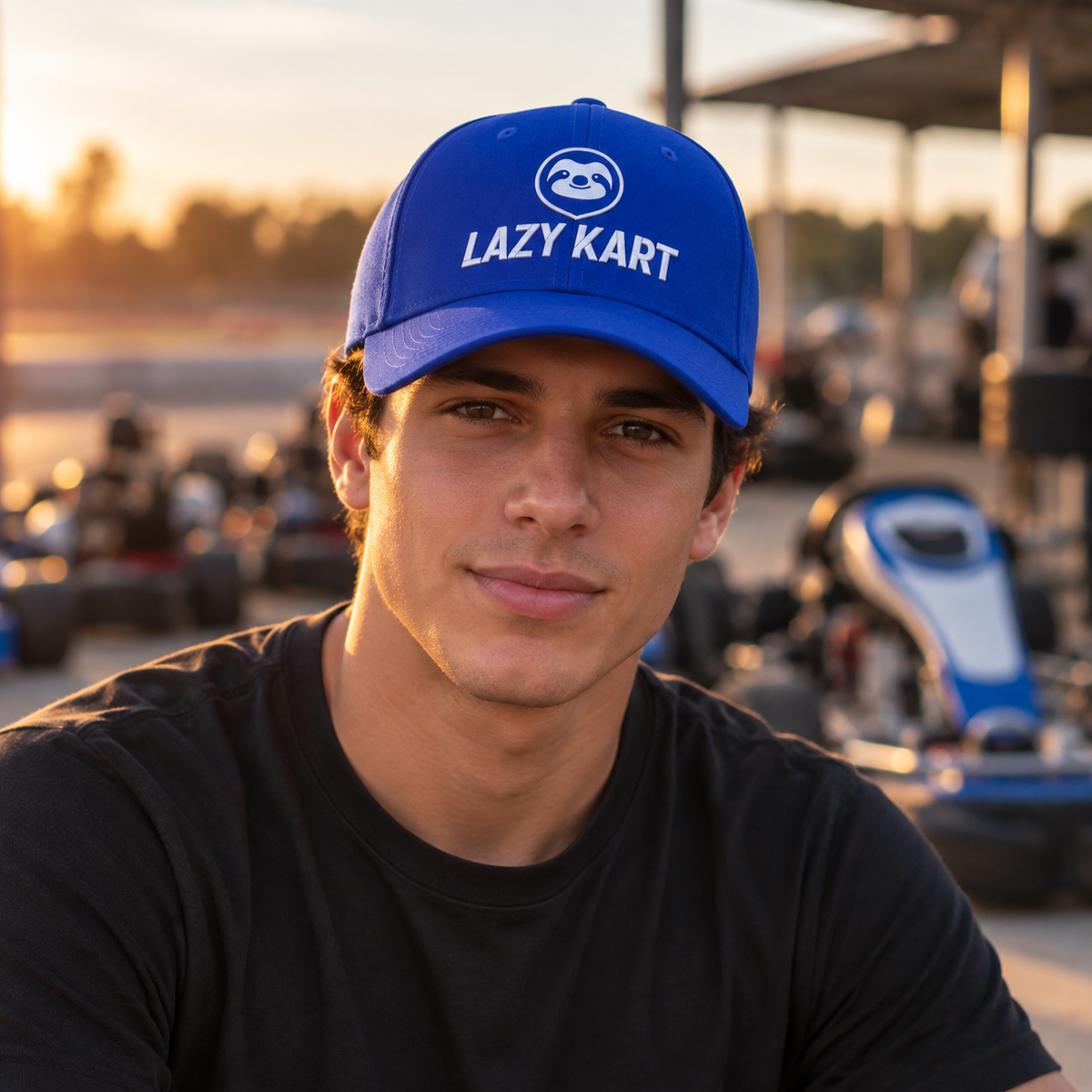 Boné Lazy Kart Summer Azul Premium em uso no kart (lote v2 2026-09-23)