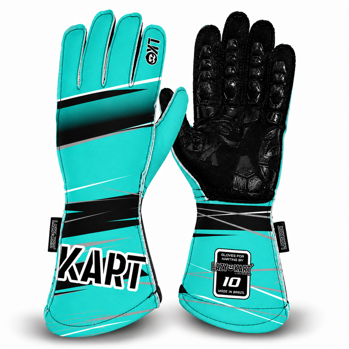 Par de luvas de kart Lazy Kart First Tiffany, costas com estampa e palma preta antiderrapante