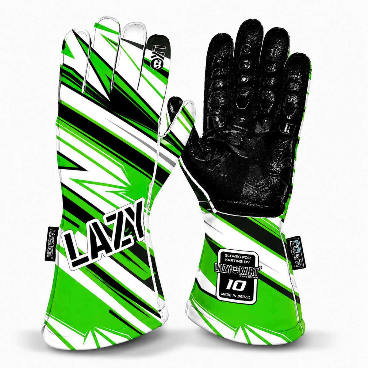Par de luvas de kart Lazy Kart Zen White Verde, costas com estampa e palma preta antiderrapante