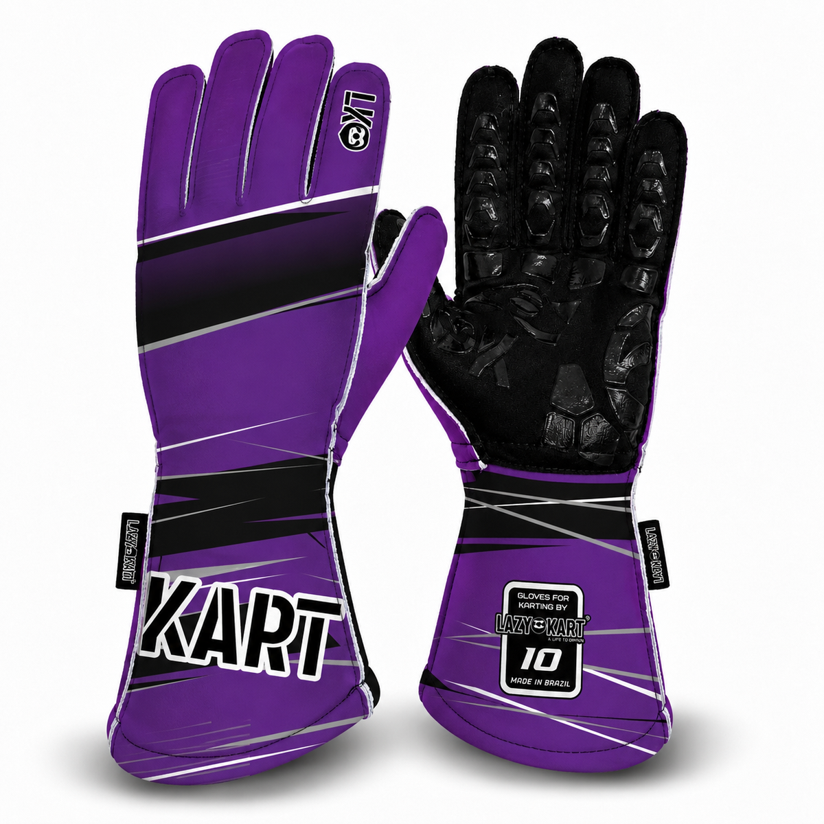 Par de luvas de kart Lazy Kart First Roxa, costas com estampa e palma preta antiderrapante