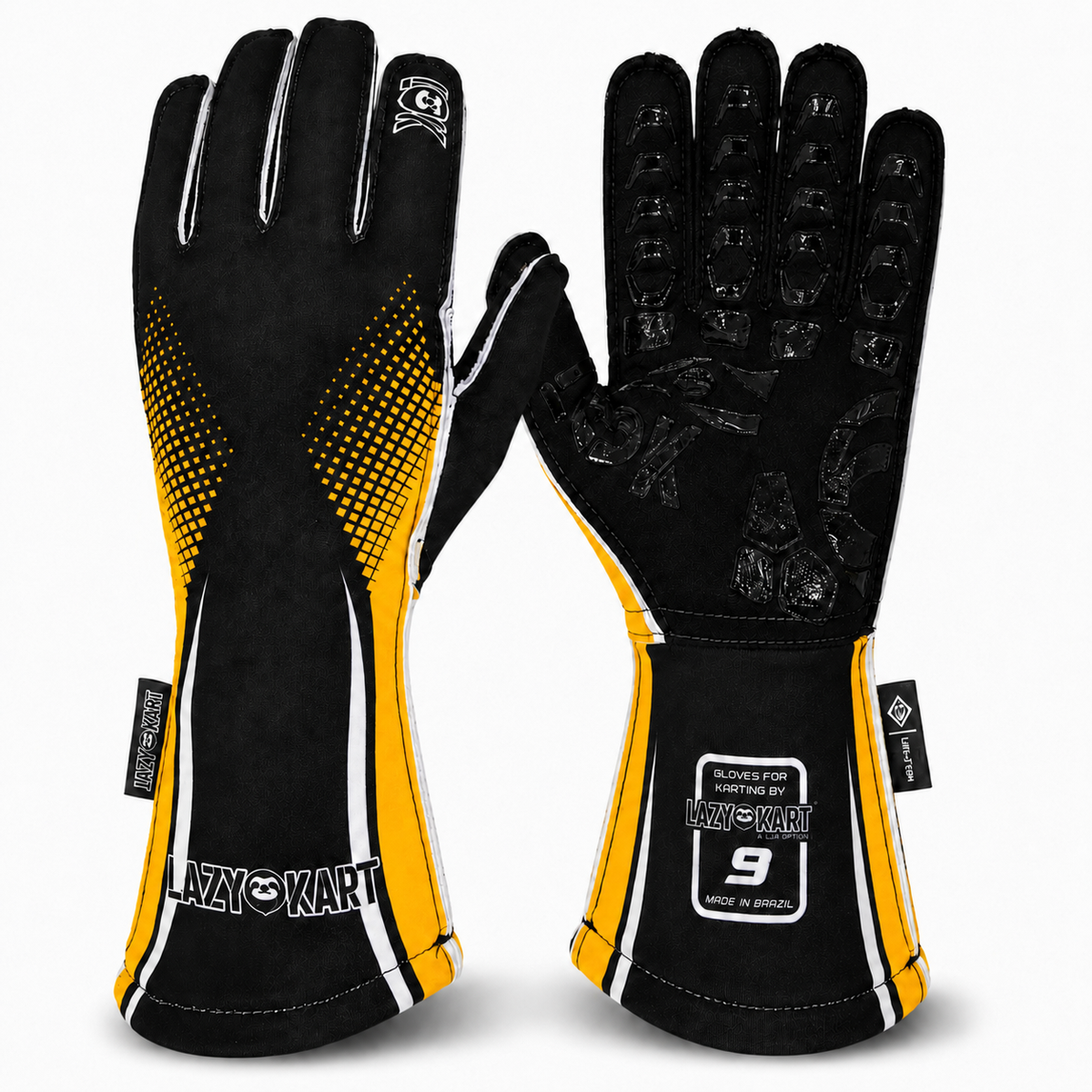 Par de luvas de kart Lazy Kart Curve Laranja, costas com estampa e palma preta antiderrapante