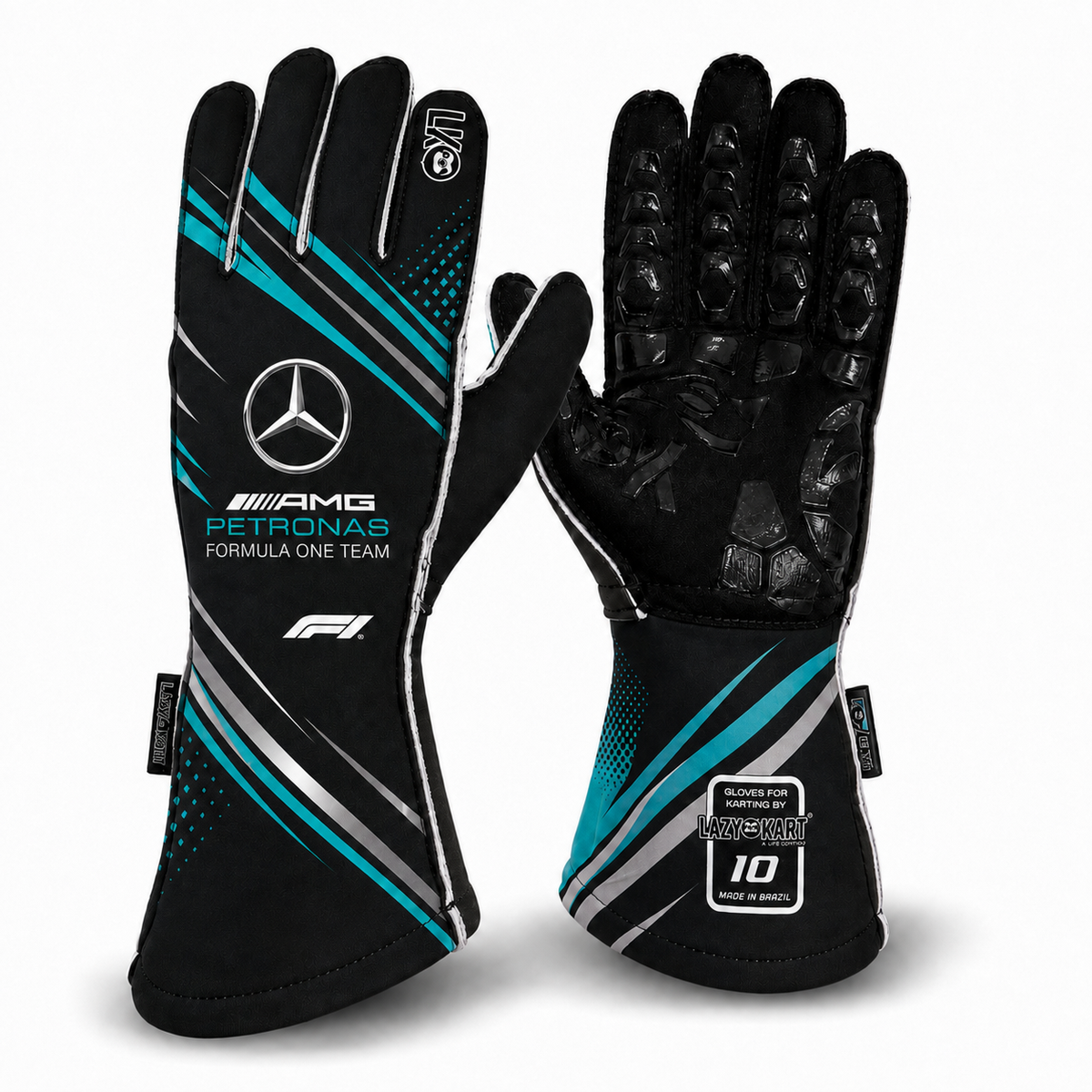Par de luvas de kart Lazy Kart Mercedes F1, costas com estampa e palma preta antiderrapante
