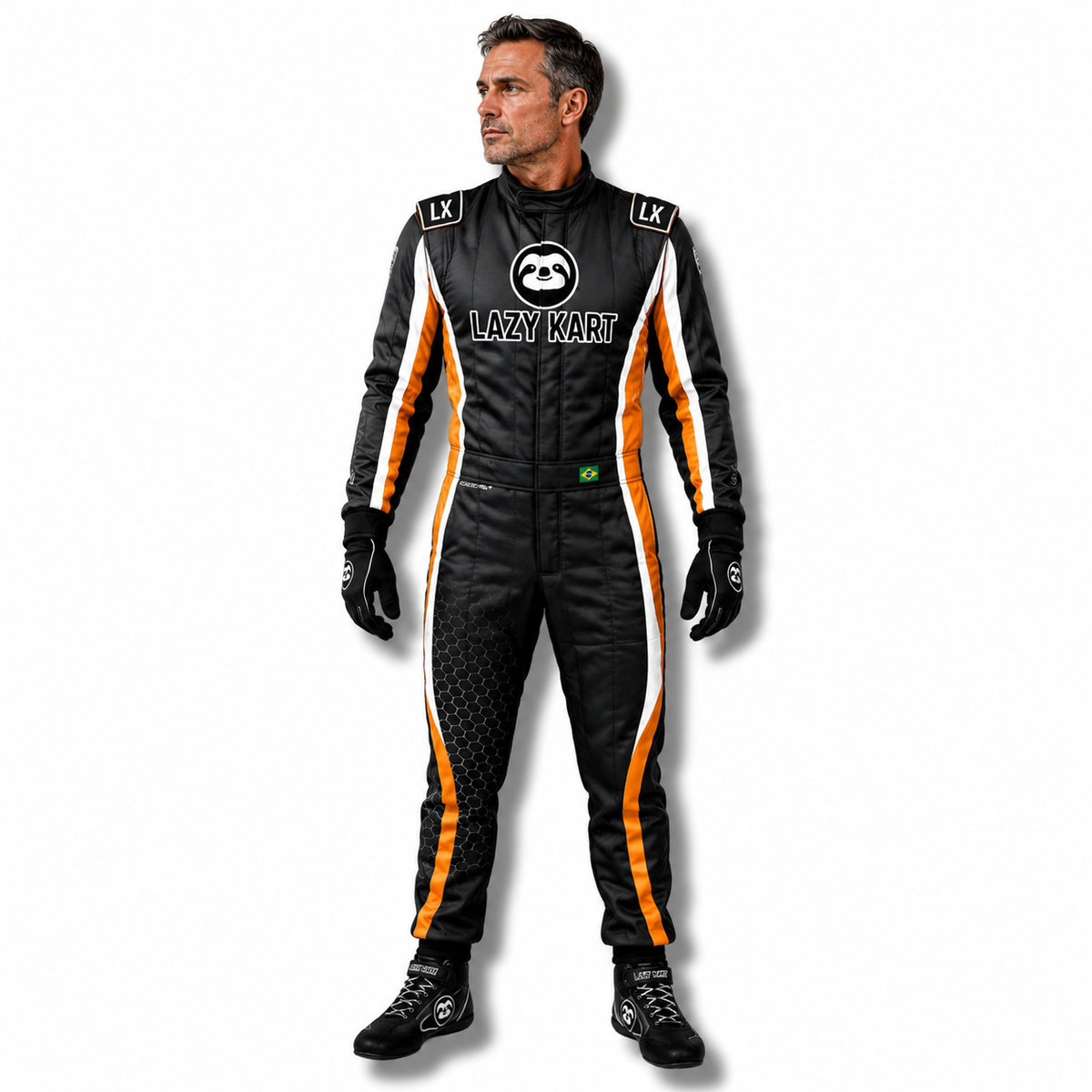 Macacão para Kart Lazy Kart Hive Preto e Laranja, vista frontal