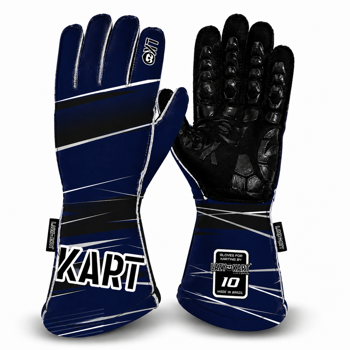 Par de luvas de kart Lazy Kart First Marinho, costas com estampa e palma preta antiderrapante
