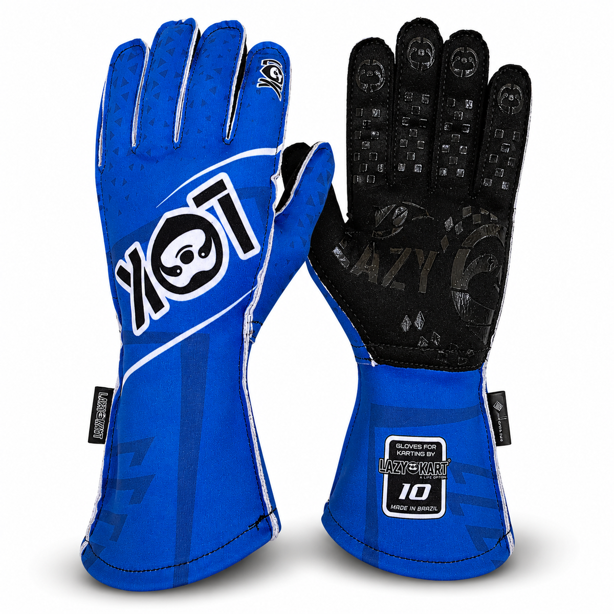 Par de luvas de kart Lazy Kart Diamond Azul, costas com estampa e palma preta antiderrapante