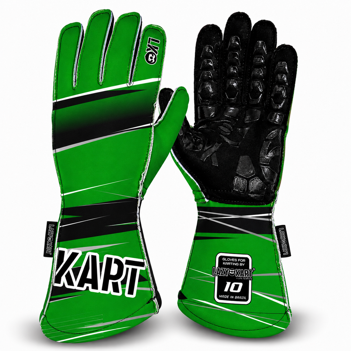 Par de luvas de kart Lazy Kart First Verde, costas com estampa e palma preta antiderrapante