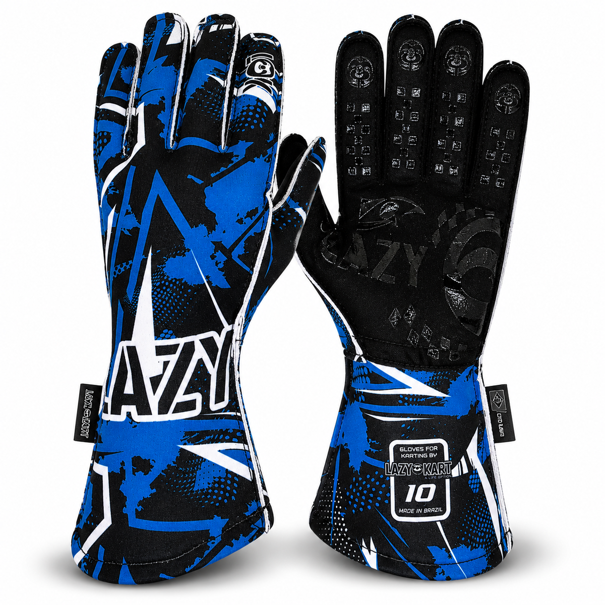 Par de luvas de kart Lazy Kart Furious Black Azul, costas com estampa e palma preta antiderrapante