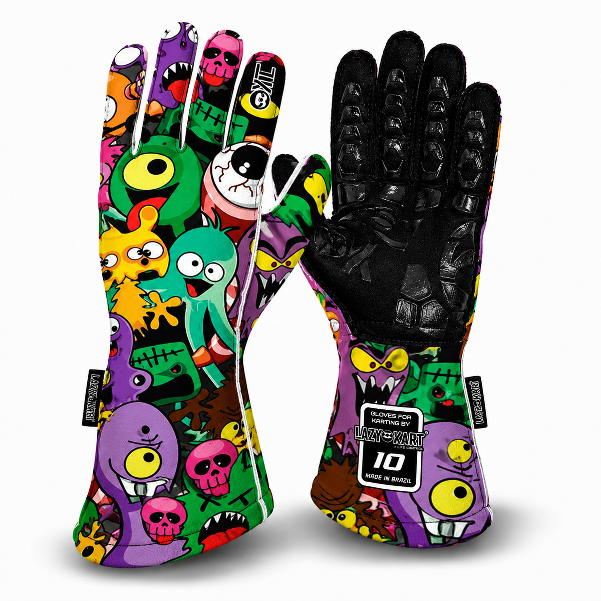 Par de luvas de kart Lazy Kart Monsters, costas com estampa e palma preta antiderrapante