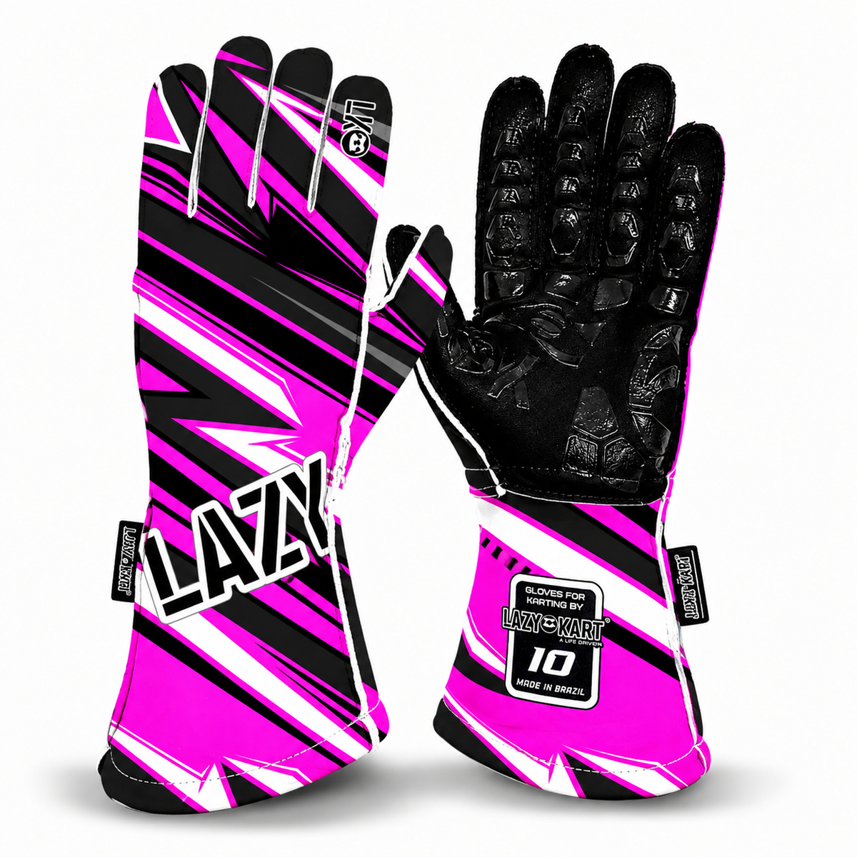 Par de luvas de kart Lazy Kart Zen Black Pink, costas com estampa e palma preta antiderrapante