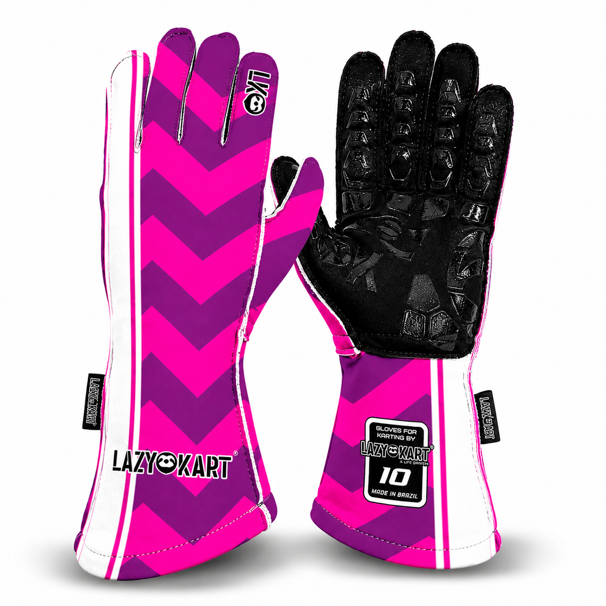 Par de luvas de kart Lazy Kart One Pink, costas com estampa e palma preta antiderrapante