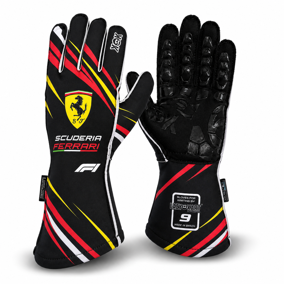 Par de luvas de kart Lazy Kart Scuderia Ferrari F1, costas com estampa e palma preta antiderrapante