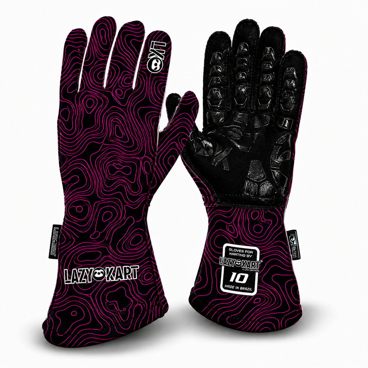 Par de luvas de kart Lazy Kart Blood Pink, costas com estampa e palma preta antiderrapante