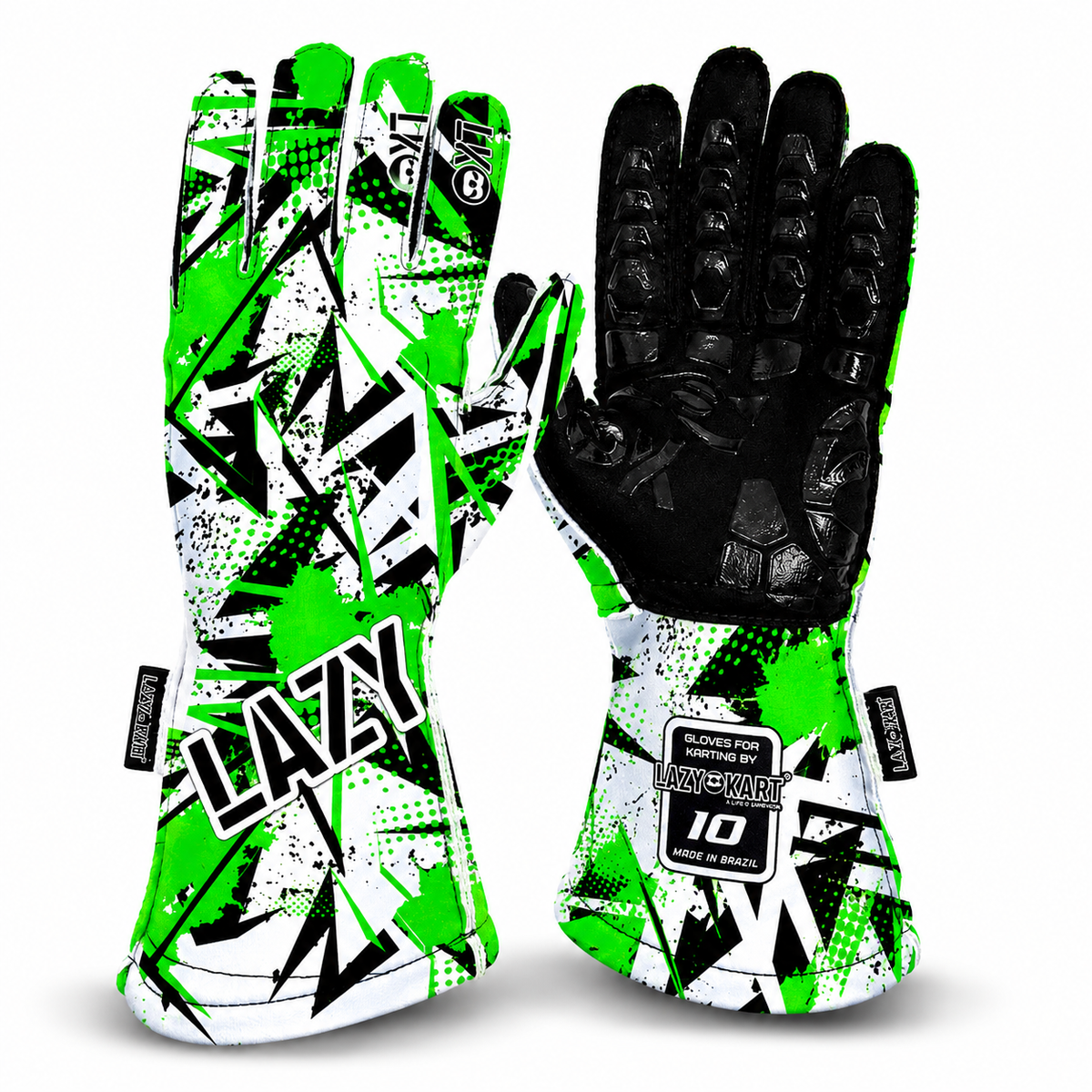 Par de luvas de kart Lazy Kart Furious White Verde, costas com estampa e palma preta antiderrapante