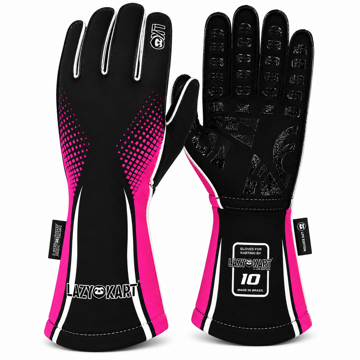 Par de luvas de kart Lazy Kart Curve Pink, costas com estampa e palma preta antiderrapante