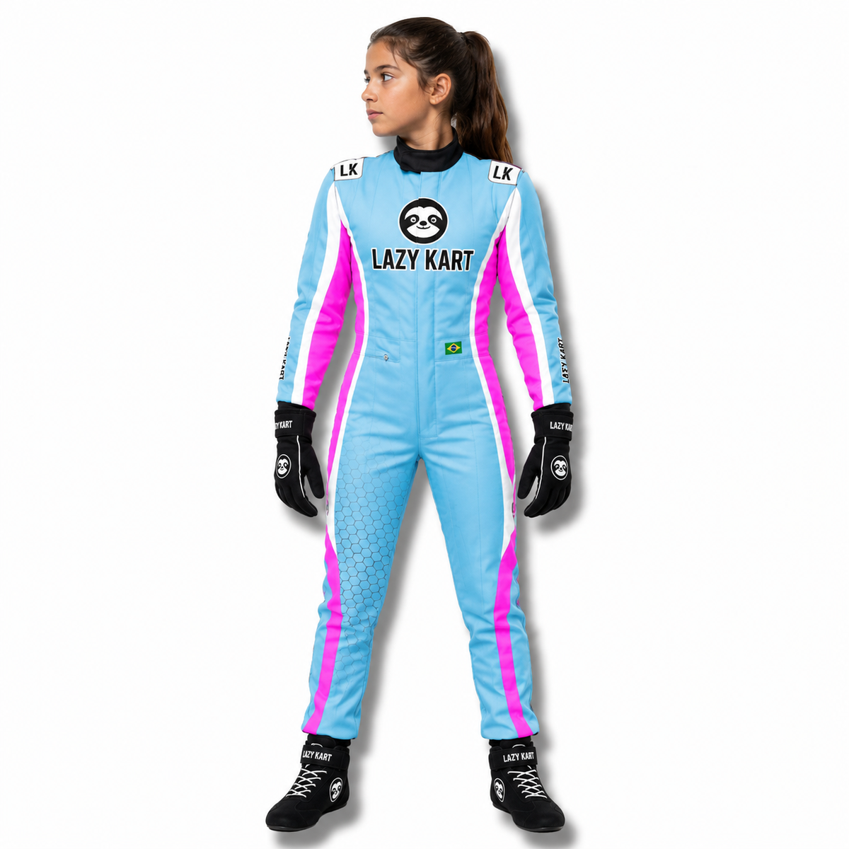 Macacão para Kart Lazy Kart Hive Azul e Pink, vista frontal