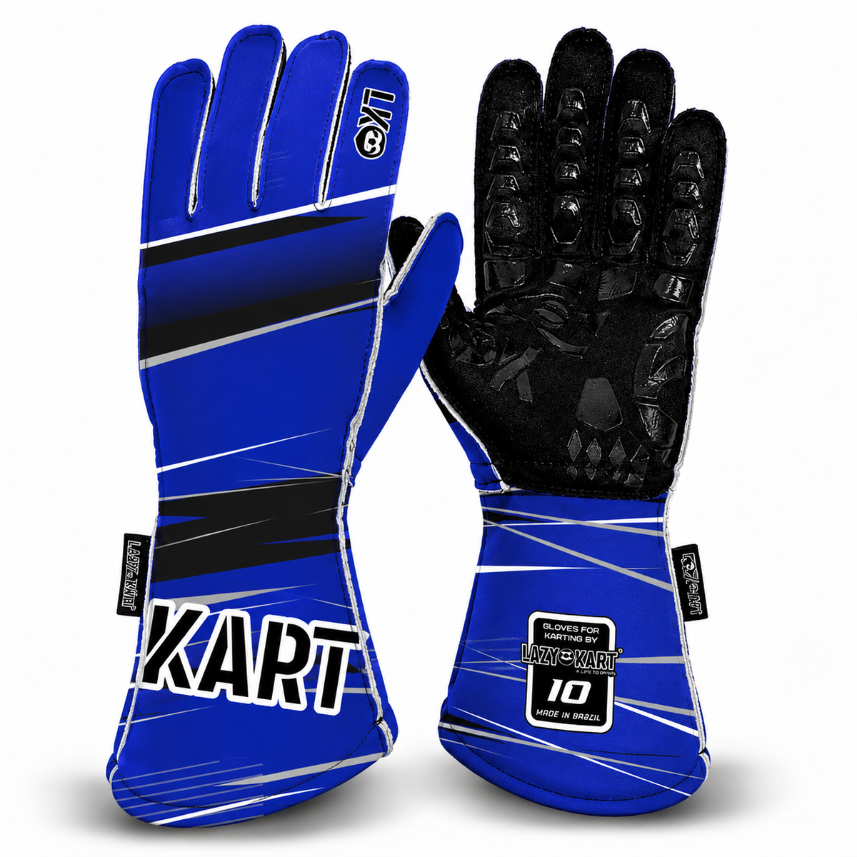 Par de luvas de kart Lazy Kart First Azul, costas com estampa e palma preta antiderrapante