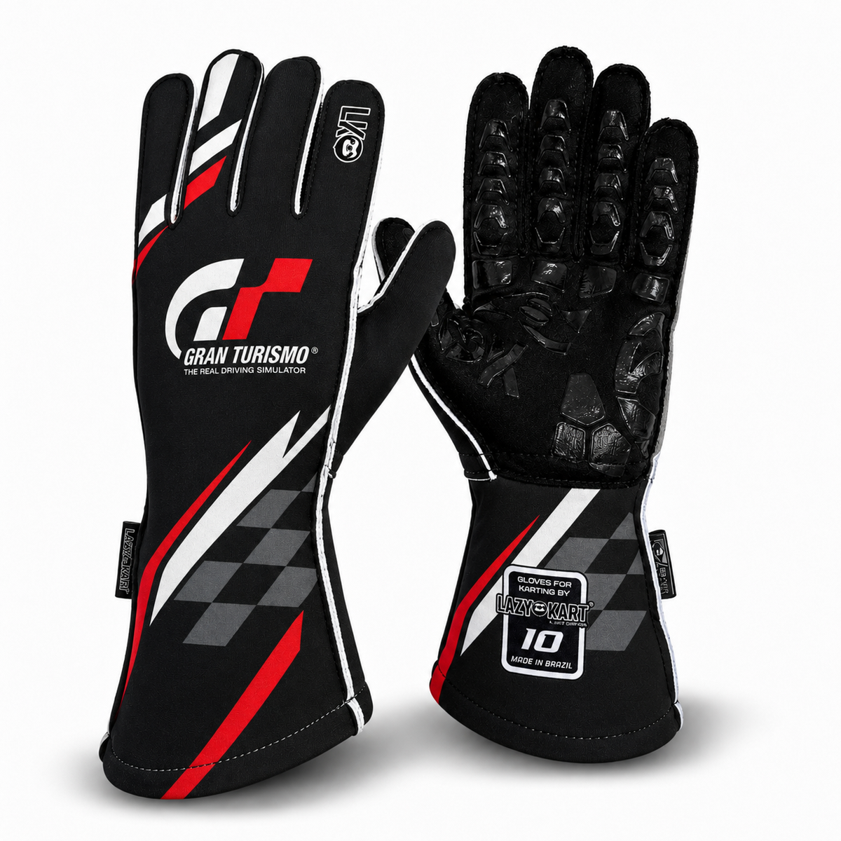Par de luvas de kart Lazy Kart Gran Turismo Red, costas com estampa e palma preta antiderrapante