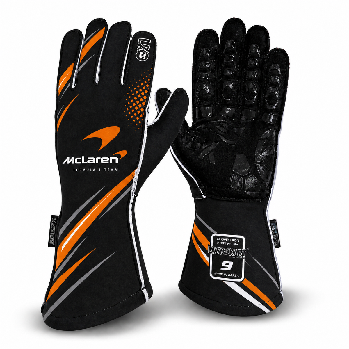 Par de luvas de kart Lazy Kart Mclaren F1, costas com estampa e palma preta antiderrapante
