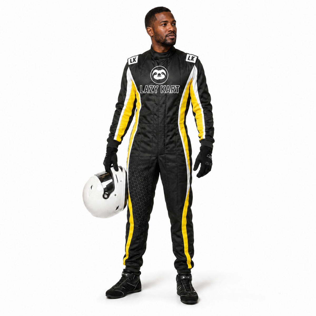 Macacão para Kart Lazy Kart Hive Preto e Amarelo, vista frontal