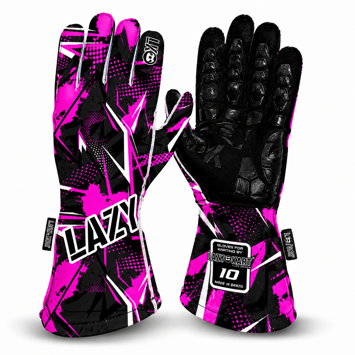 Par de luvas de kart Lazy Kart Furious Black Pink, costas com estampa e palma preta antiderrapante