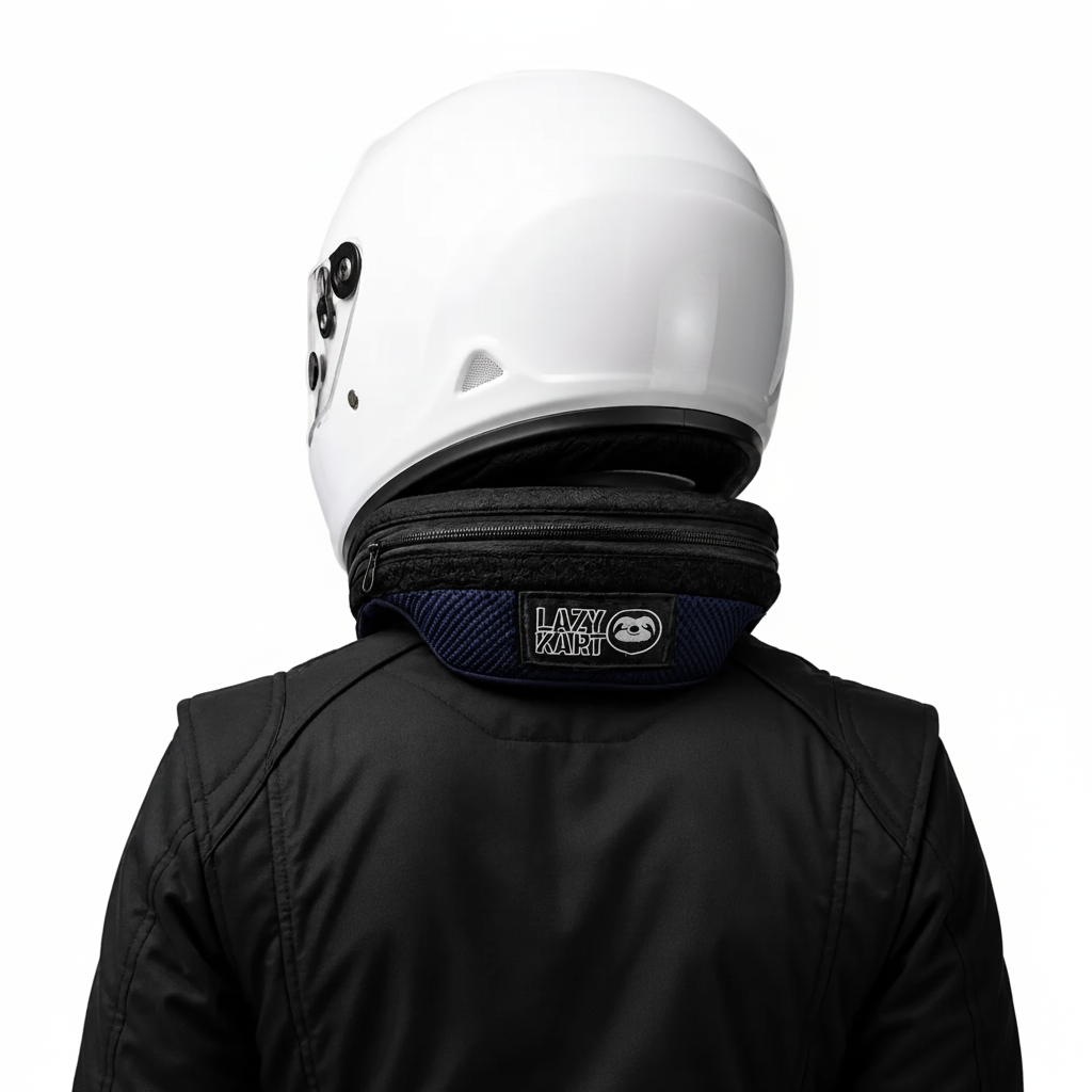 Protetor cervical Lazy Kart sendo usado por piloto com capacete integral branco, visto de trás com o fecho de zíper