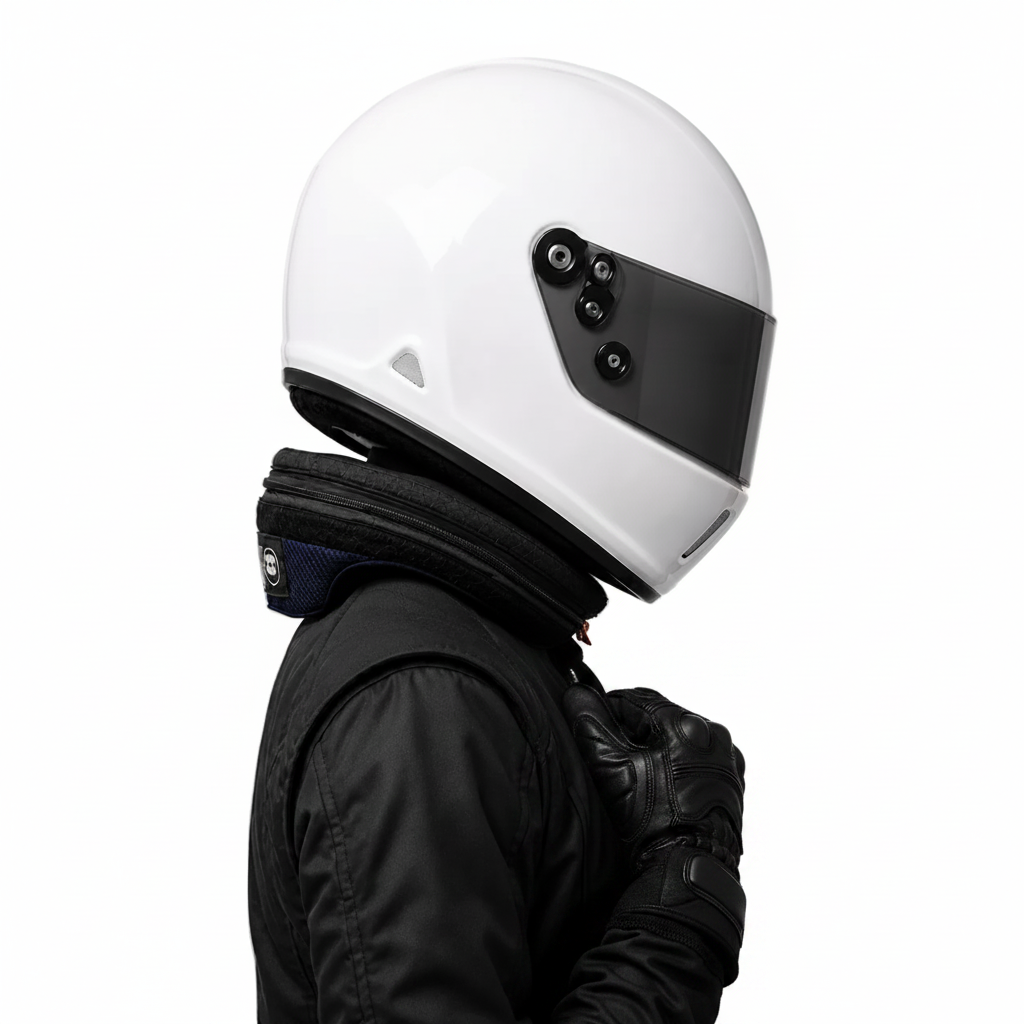 Protetor cervical Lazy Kart sendo usado por piloto com capacete integral branco, vista lateral