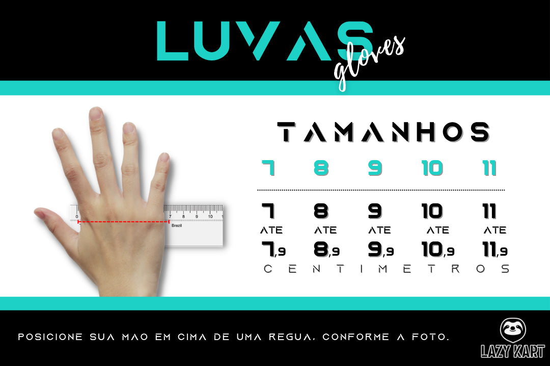 Tamanhos disponíveis das luvas de kart da lazy kart