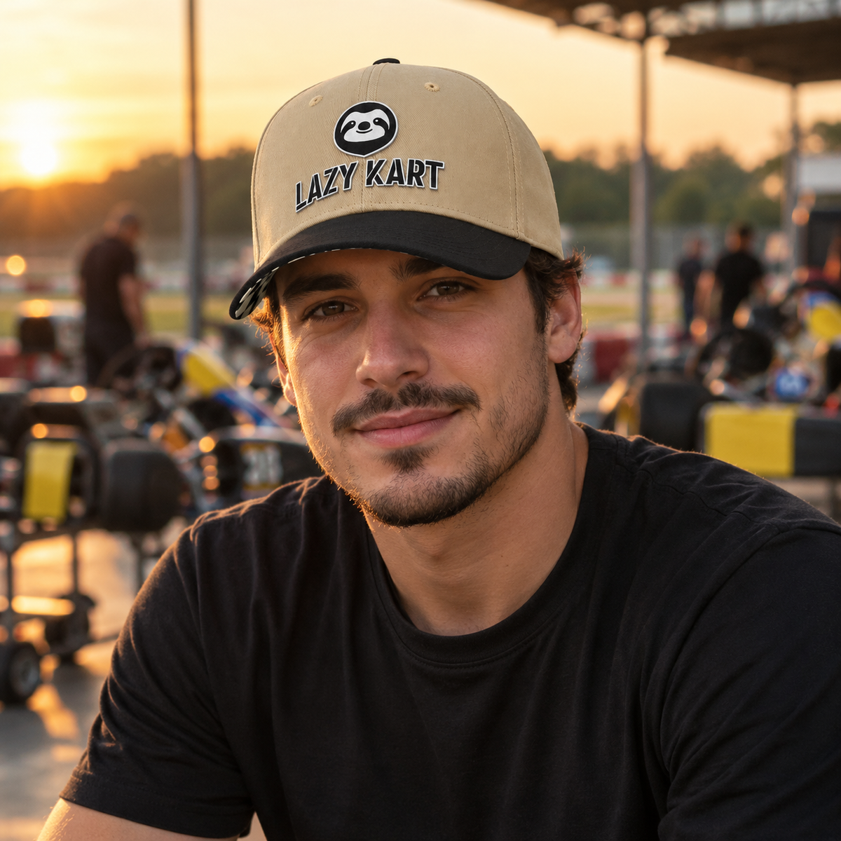 Boné Lazy Kart Racing Bege Premium - Aba quadriculada em uso no kart (lote v2 2026-09-23)