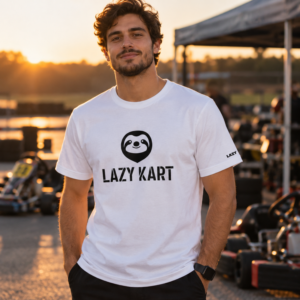 Camiseta Lazy Kart Premium 100% Algodão - Lazy Kart em uso no kart (lote v2 2026-09-23)