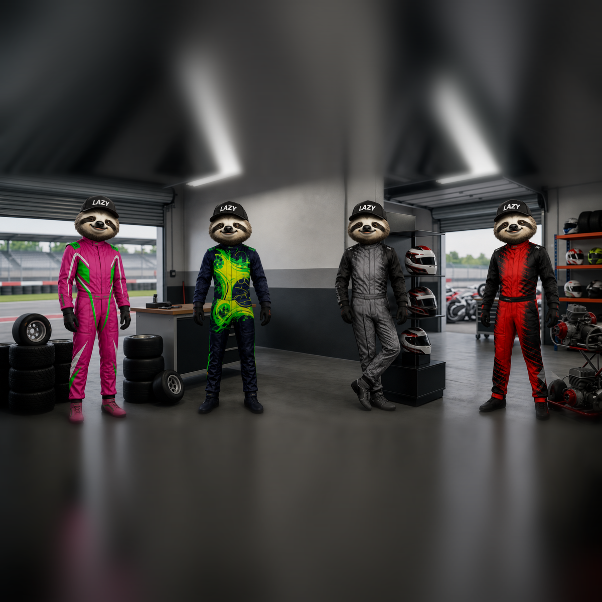 Macacões personalizados Lazy Kart na garagem do kartódromo