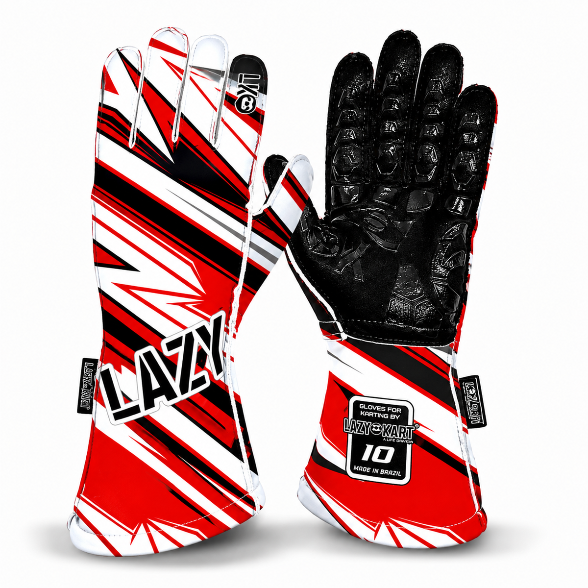 Par de luvas de kart Lazy Kart Zen White Vermelha, costas com estampa e palma preta antiderrapante