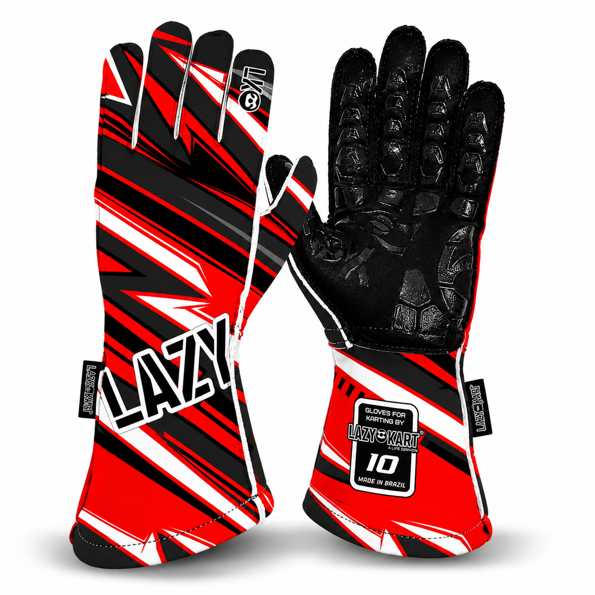 Par de luvas de kart Lazy Kart Zen Black Vermelha, costas com estampa e palma preta antiderrapante