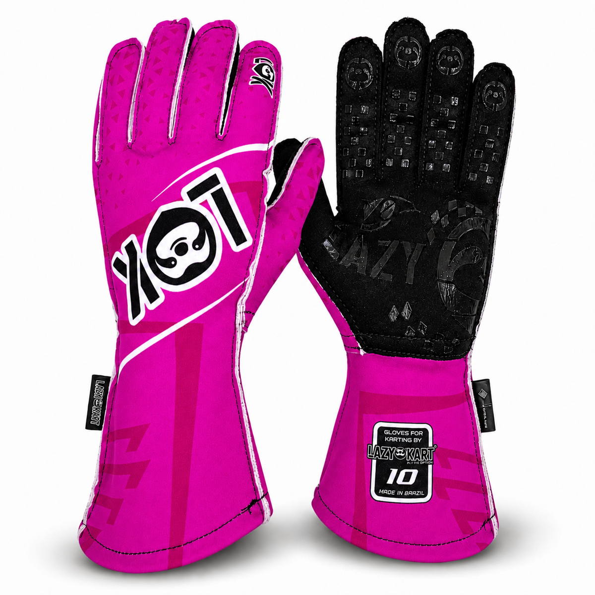 Par de luvas de kart Lazy Kart Diamond Pink, costas com estampa e palma preta antiderrapante