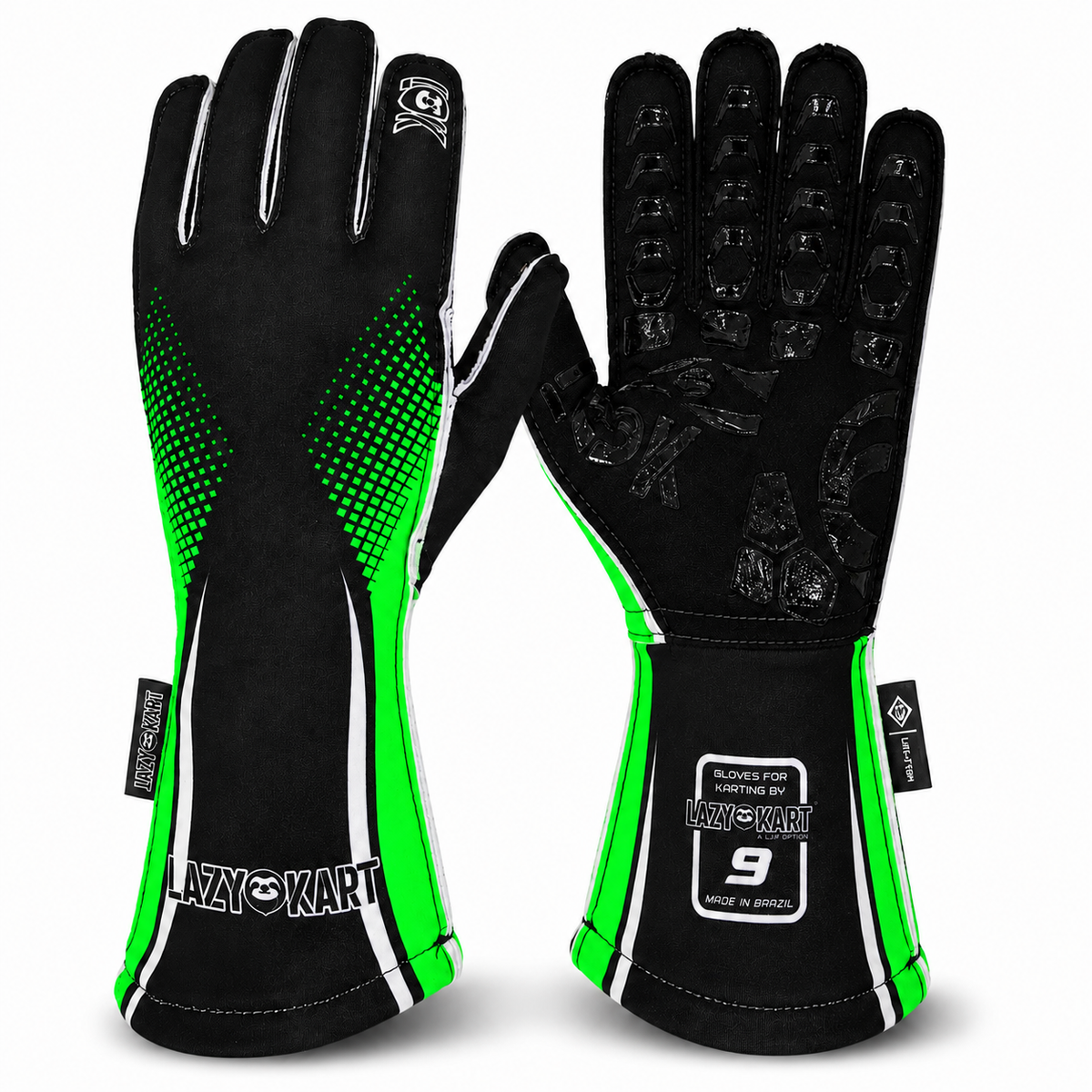 Par de luvas de kart Lazy Kart Curve Verde Neon, costas com estampa e palma preta antiderrapante