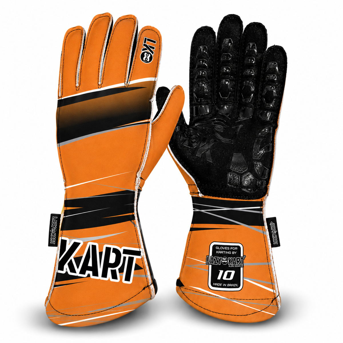 Par de luvas de kart Lazy Kart First Laranja, costas com estampa e palma preta antiderrapante