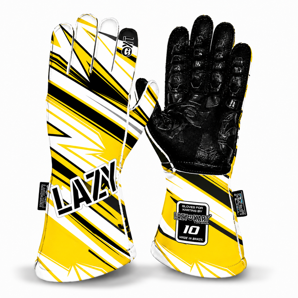 Par de luvas de kart Lazy Kart Zen White Amarela, costas com estampa e palma preta antiderrapante
