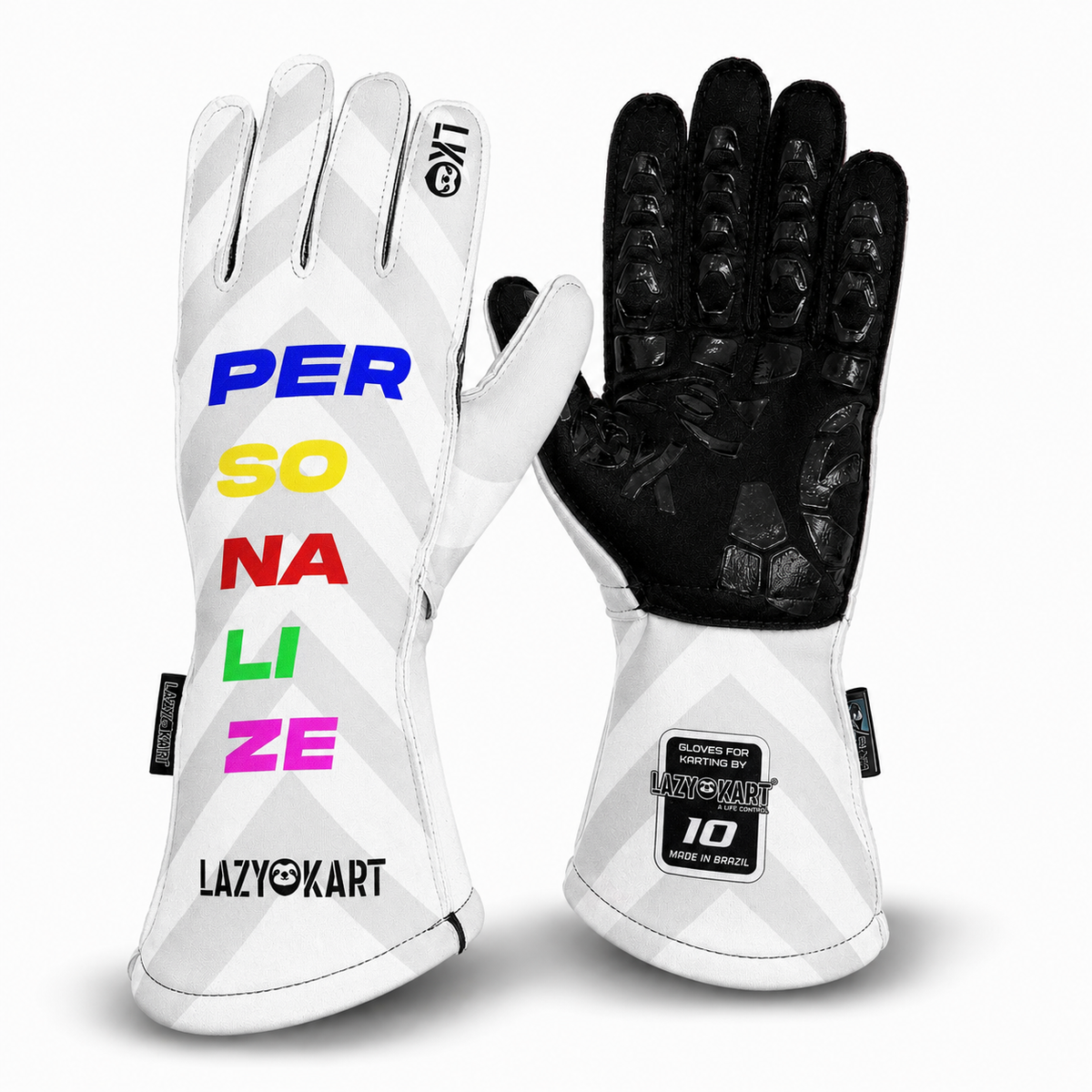 Par de luvas de kart Lazy Kart Personalizada, costas com estampa e palma preta antiderrapante