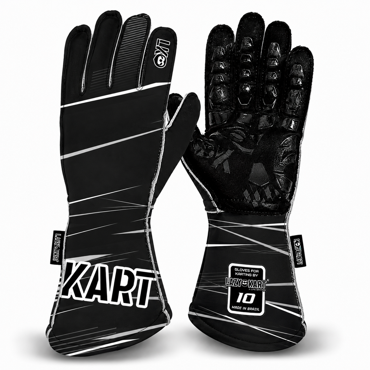 Par de luvas de kart Lazy Kart First Preta, costas com estampa e palma preta antiderrapante
