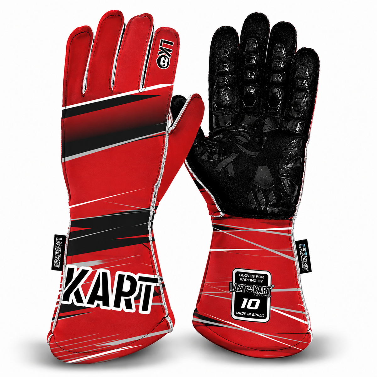 Par de luvas de kart Lazy Kart First Vermelha, costas com estampa e palma preta antiderrapante
