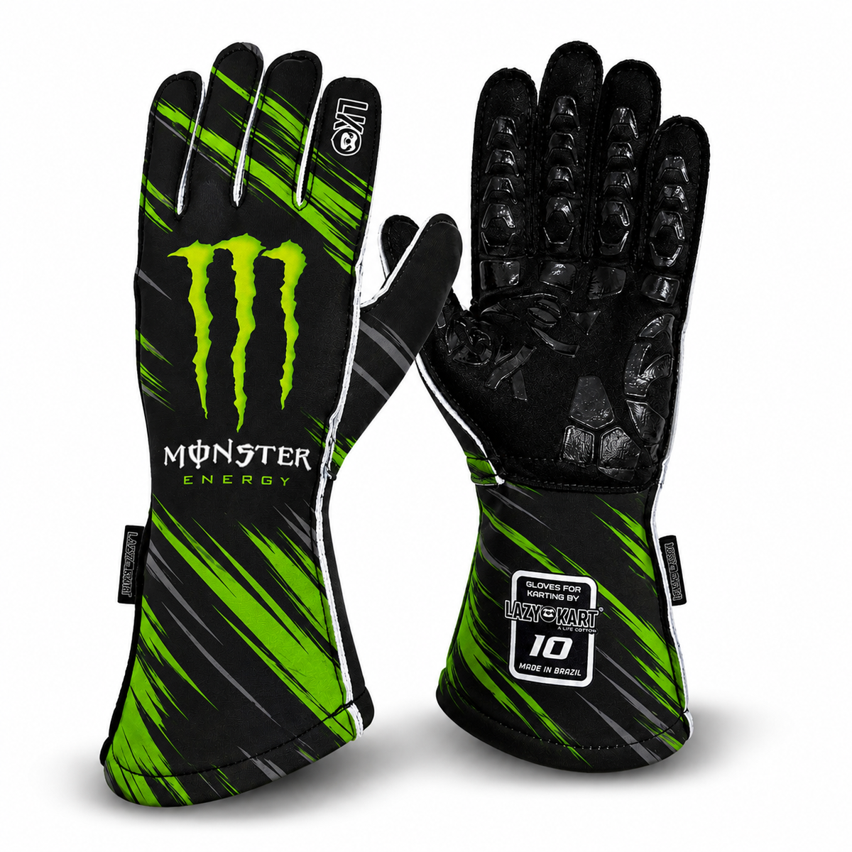Par de luvas de kart Lazy Kart Monster Energy, costas com estampa e palma preta antiderrapante