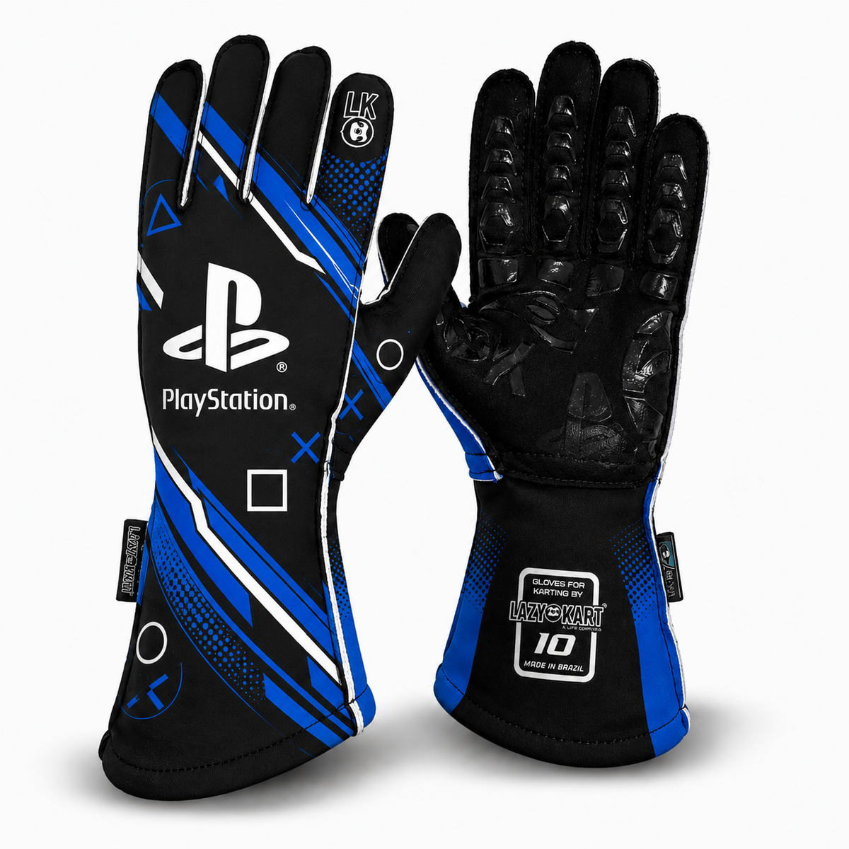 Par de luvas de kart Lazy Kart Playstation Blue, costas com estampa e palma preta antiderrapante