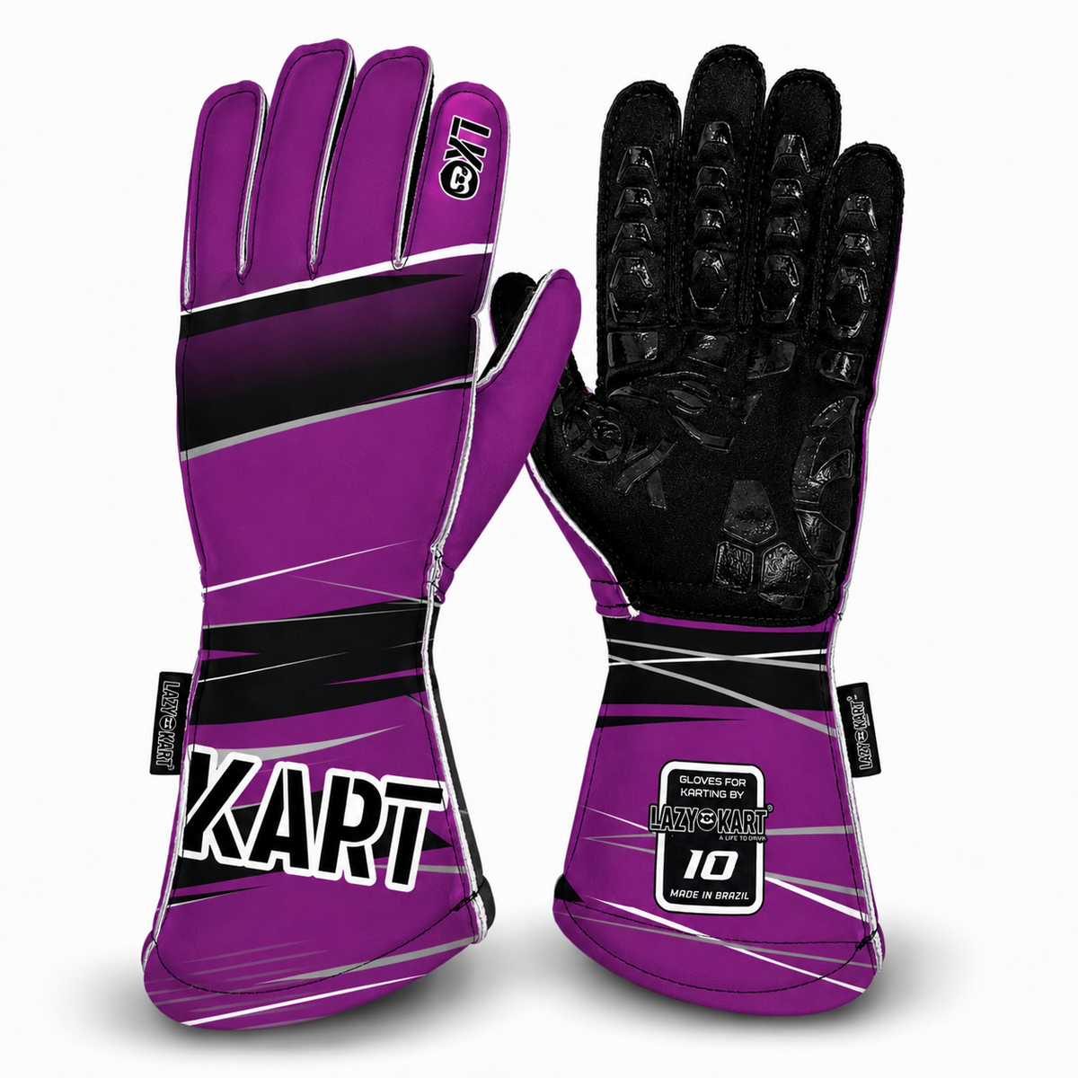 Par de luvas de kart Lazy Kart First Violeta, costas com estampa e palma preta antiderrapante