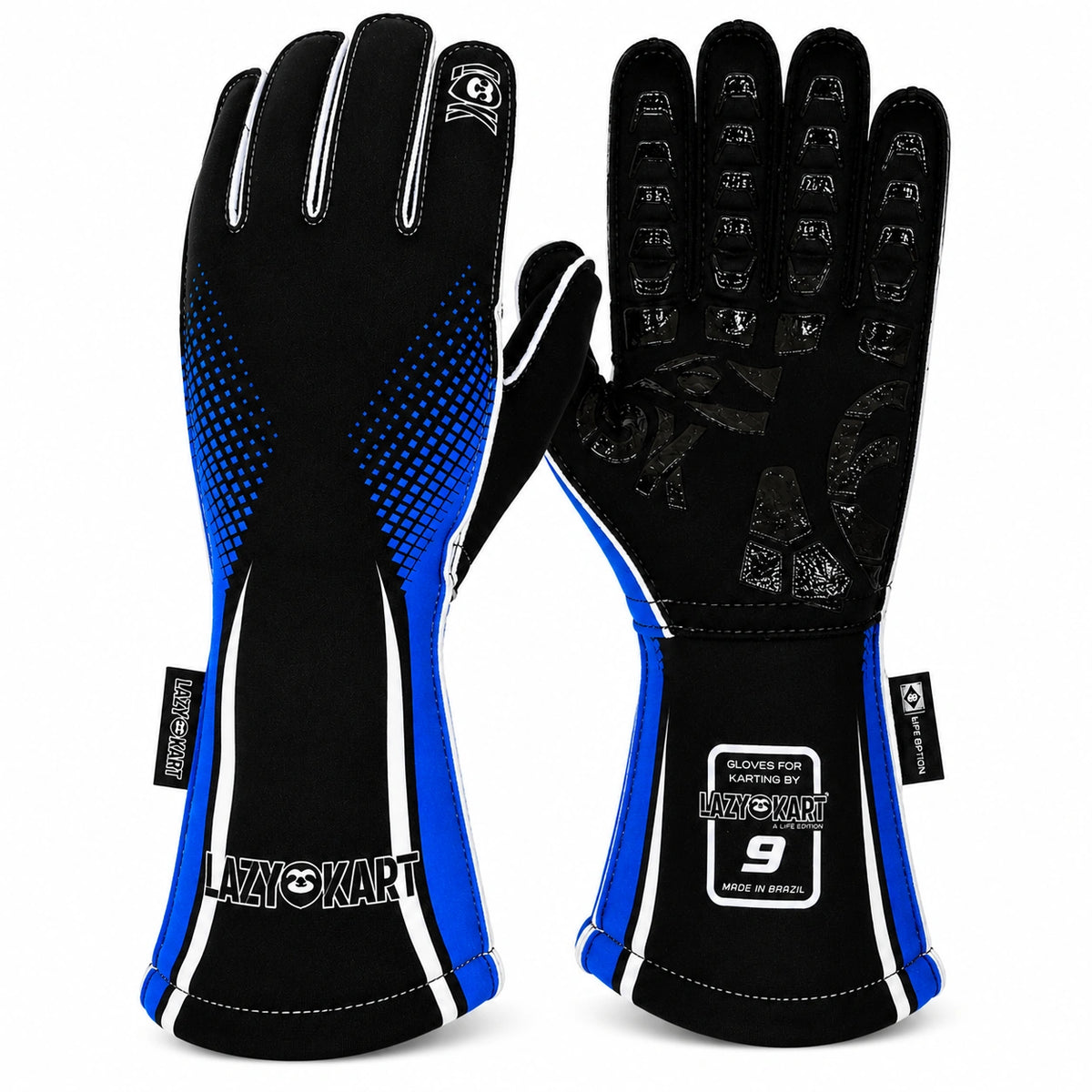 Par de luvas de kart Lazy Kart Curve Azul, costas com estampa e palma preta antiderrapante