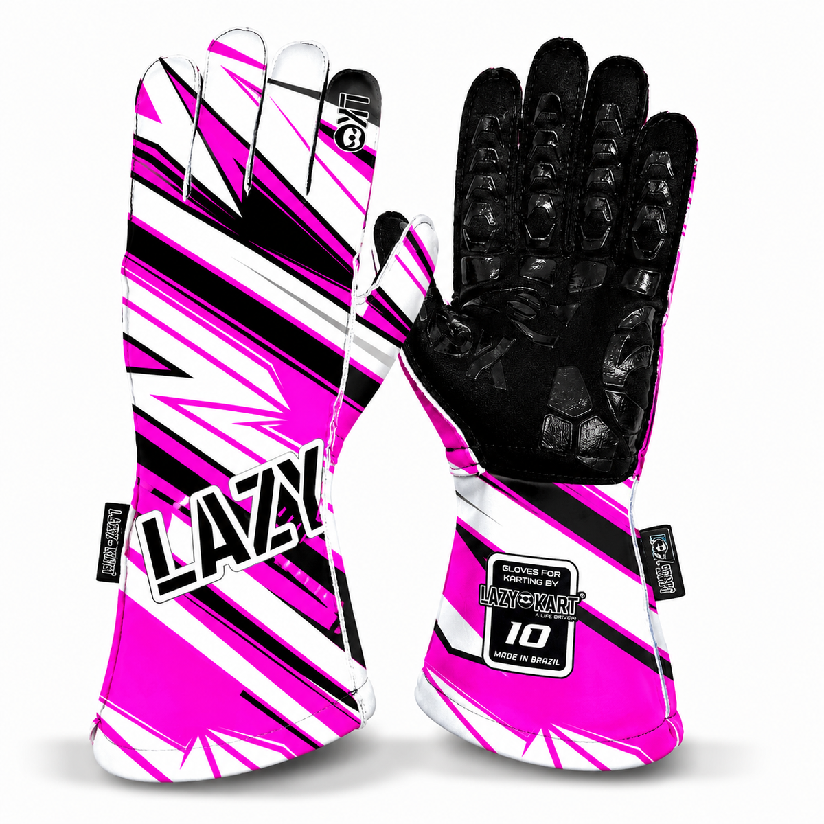 Par de luvas de kart Lazy Kart Zen White Pink, costas com estampa e palma preta antiderrapante