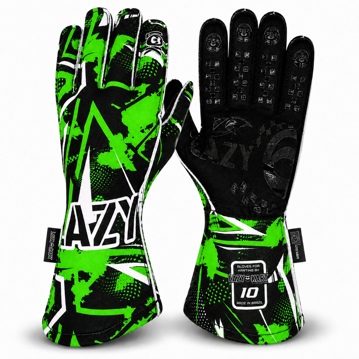 Par de luvas de kart Lazy Kart Furious Black Verde, costas com estampa e palma preta antiderrapante