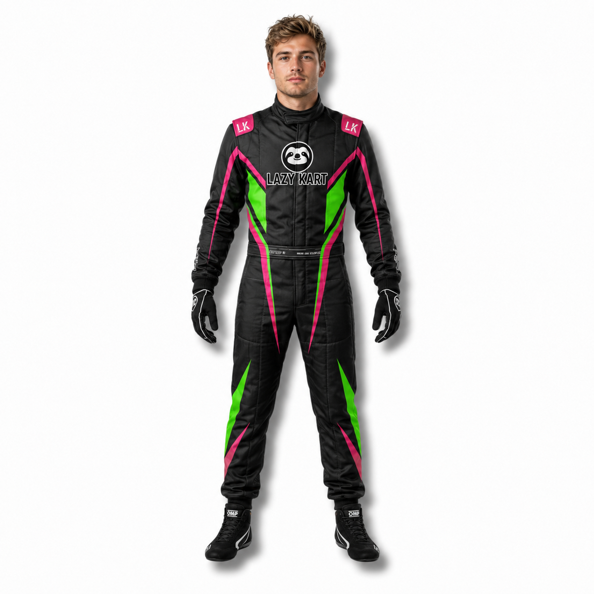 Macacão para Kart Lazy Kart Racing Preto e Pink, vista frontal